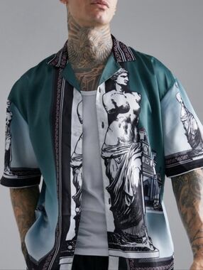 Boohoo Light Blue & Black Short Sleeve Printed Shirt Jacket